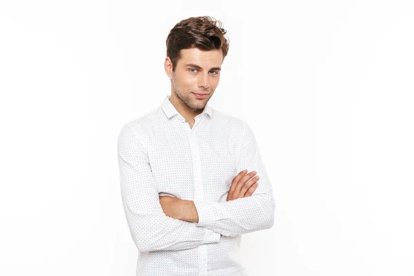 Bilden Unga Leende Man 30S Bära Skjorta Poserar Kamera Med — Stockfoto