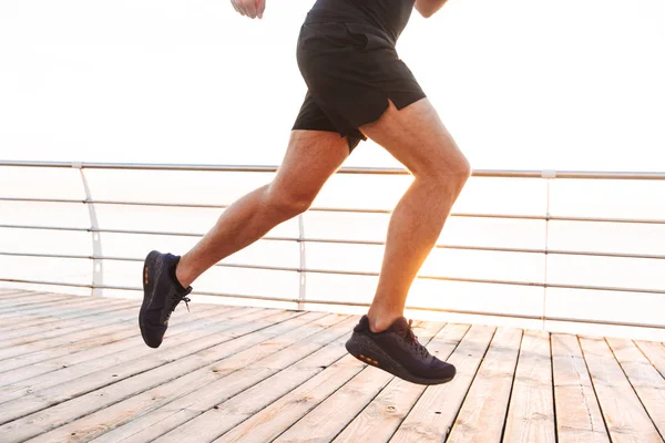 Legs Closeup Active Young Man 20S Tracksuit Running Pier Boardwalk — Stock Photo, Image