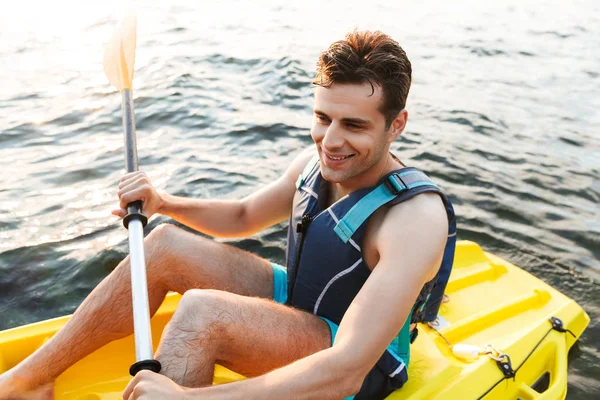 Image Young Handsome Man Kayaking Lake Sea Boat — Stock Photo, Image