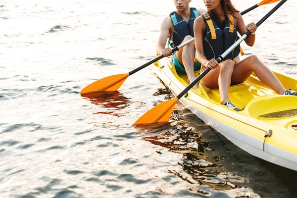 Cropped Picture Young Cute Loving Couple Kayaking Lake Sea Boat — Stock Photo, Image