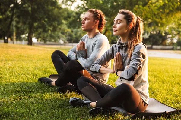 Görüntü konsantre fitness spor egzersizleri meditasyon park açık havada dost sevgi dolu çift.