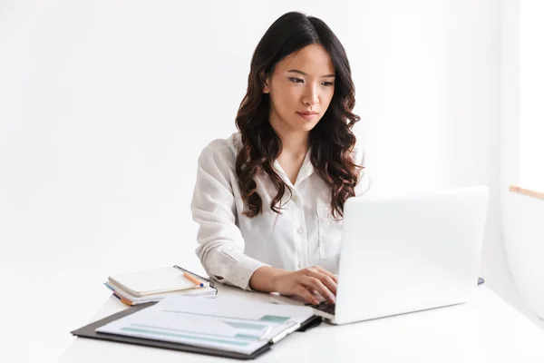 Photo Young Asian Woman Long Dark Hair Sitting Table Working Stock Picture