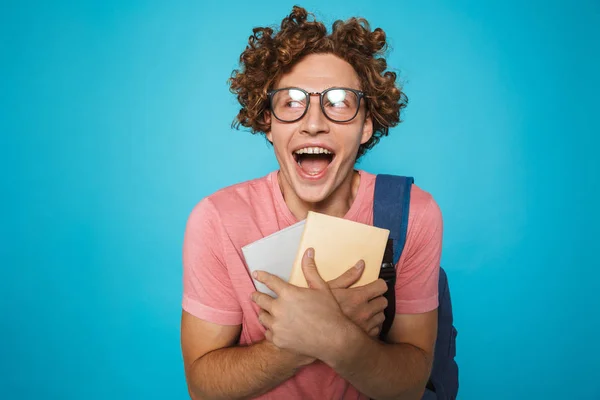 Photo Nerd Student Guy Curly Hair Wearing Glasses Backpack Laughing — Stock Photo, Image