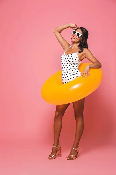 Picture Woman Swimwear Posing Isolated Pink Wall Background Beach Rubber — Stock Photo, Image