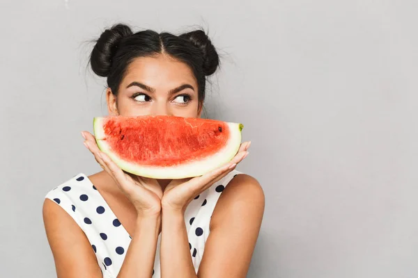 Portrait Lovely Young Woman Summer Dress Isolated Holding Watermelon Slice — Stock Photo, Image