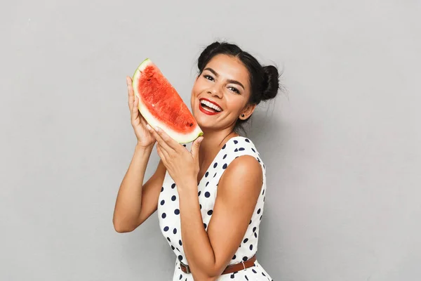 Portrait Cheerful Young Woman Summer Dress Isolated Holding Watermelon Slice — Stock Photo, Image