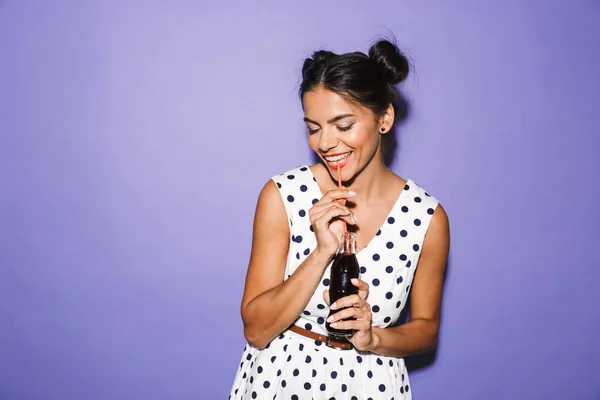 Portrait Happy Young Woman Summer Dress Isolated Holding Bottle Fizzy — Stock Photo, Image