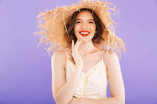 Gros Plan Portrait Une Jeune Femme Choquée Vêtue Robe Chapeau — Photo