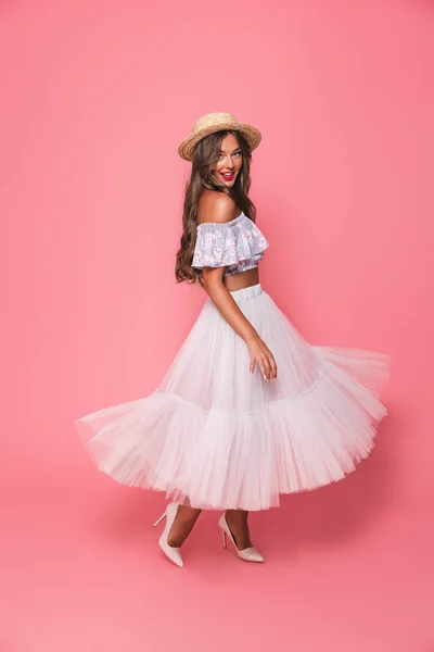 Retrato Larga Duración Adorable Mujer Moda Años Con Sombrero Paja — Foto de Stock