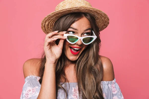 Portrait Cheerful Young Girl Summer Clothes Looking Copy Space Pink — Stock Photo, Image