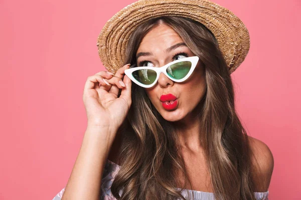 Portrait Lovely Young Girl Summer Clothes Looking Copy Space Pink — Stock Photo, Image