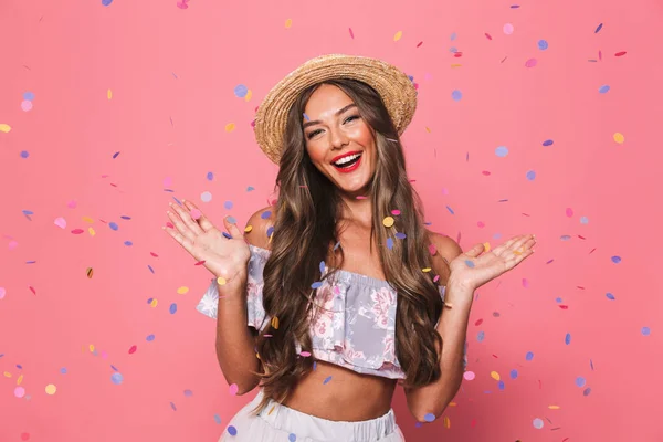 Portrait Happy Young Girl Summer Clothes Confetti Rain Pink Background — Stock Photo, Image