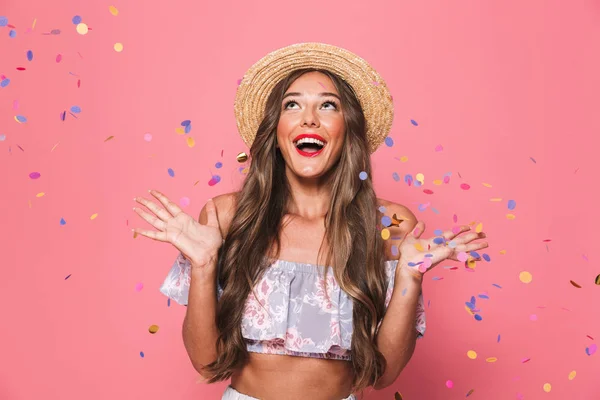 Portrait Cheerful Young Girl Summer Clothes Confetti Rain Pink Background — Stock Photo, Image