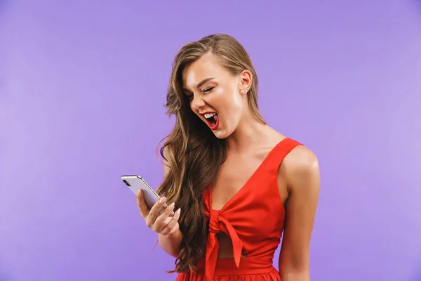 Image Closeup Happy Cheerful Woman 20S Wearing Red Dress Screaming — Stock Photo, Image