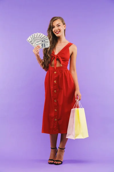 Boldog Asszony 20S Visel Piros Ruha Dollár Pénz Papír Táskák — Stock Fotó