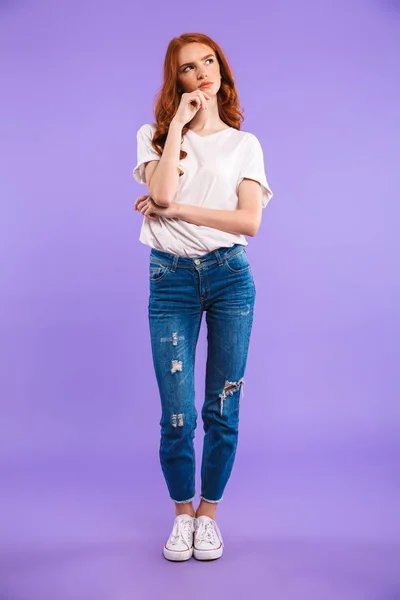 Full Length Portrait Pensive Young Girl Standing Isolated Violet Background — Stock Photo, Image