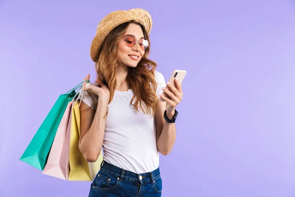 Foto Mujer Linda Feliz Increíble Aislado Sobre Fondo Pared Púrpura — Foto de Stock