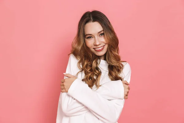 Portrait Lovely Young Casual Girl Looking Camera Isolated Pink Background — Stock Photo, Image