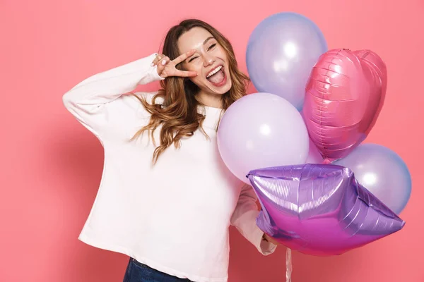 Portrait Une Jeune Femme Joyeuse Tenant Tas Ballons Isolés Sur — Photo