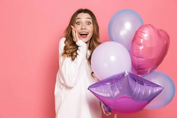 Portrait Une Jeune Femme Excitée Tenant Tas Ballons Air Isolés — Photo