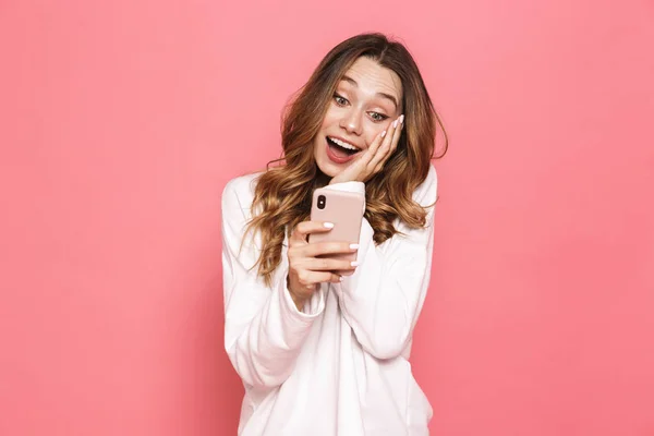 Image Surprised Brunette Woman Beautiful Long Hair Holding Cell Phone — Stock Photo, Image