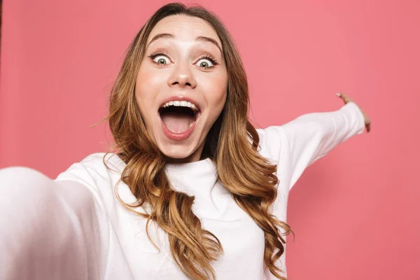 Portrait Cheery Young Woman Taking Selfie Outstretched Hand Isolated Pink — Stock Photo, Image