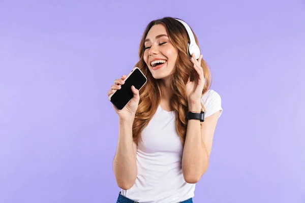 Portrait Positive Young Girl Holding Mobile Phone Isolated Violet Background — Stock Photo, Image