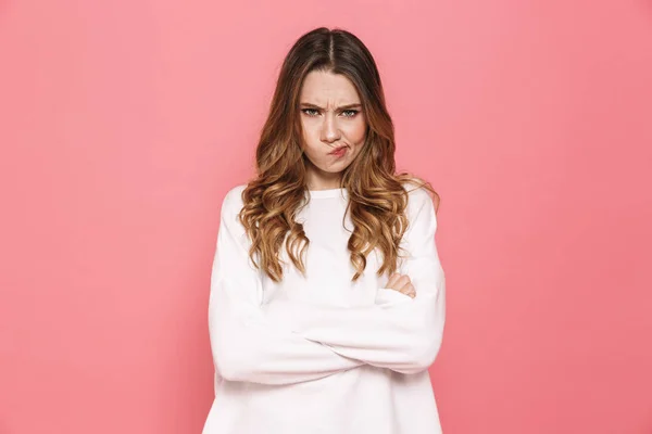 Portrait Upset Young Casual Girl Standing Arms Folded Isolated Pink — Stock Photo, Image