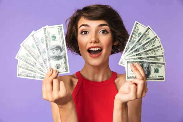 Happy Pretty Brunette Woman Showing Money While Looking Camera Purple — Stock Photo, Image