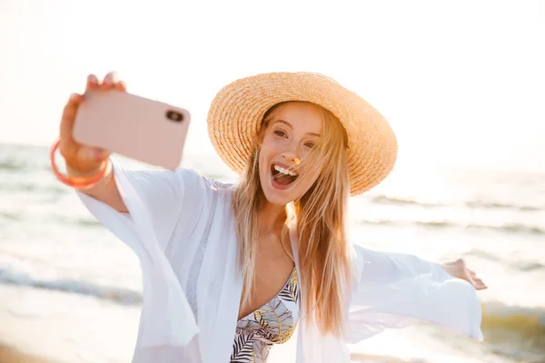 Excited Young Girl Summer Hat Swimwear Spending Time Beach Taking — Stock Photo, Image