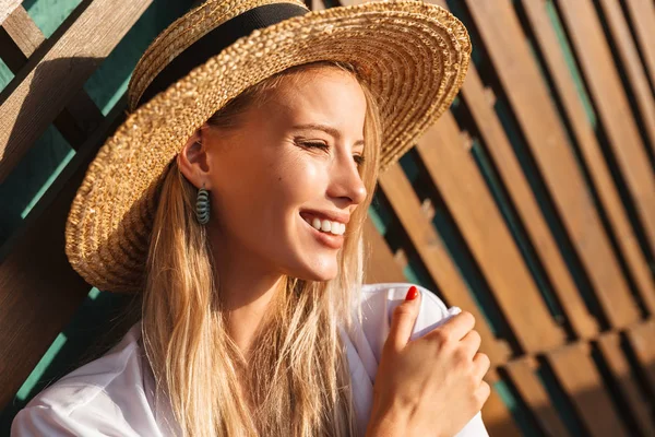 Portrait Happy Cute Blond Woman 20S Straw Hat Swimwear Smiling — Stock Photo, Image