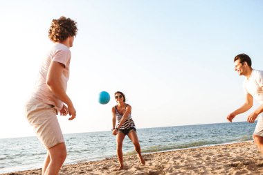 Mutlu arkadaşlar açık havada eğleniyor beach oyun Voleybol fotoğrafı.