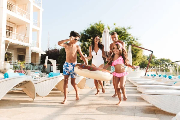 Image Happy Caucasian Family Children Resting Luxury Swimming Pool White — Stock Photo, Image