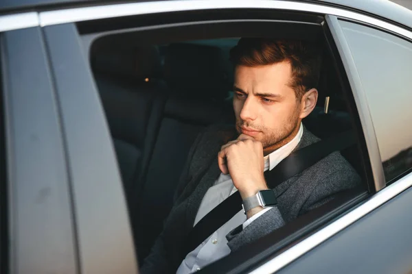 Portrait Serious Caucasian Man Wearing Businesslike Suit Back Sitting While — Stock Photo, Image