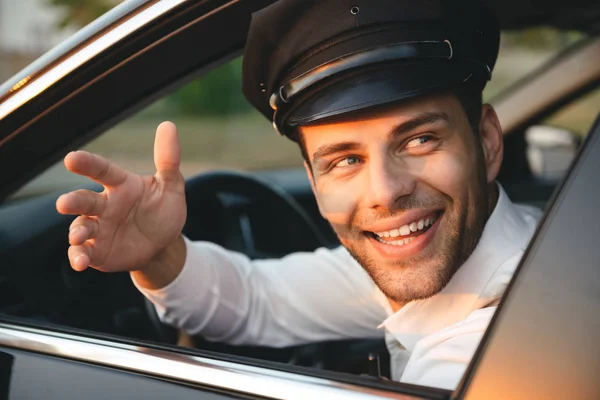 Portrait Closeup Young Caucasian Chauffeur Man Wearing Uniform Cap Smiling — Stock Photo, Image