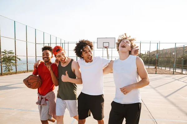 Portrait Happy Sporty Men Basket Player Walking Playground Outdoor Summer — Stok Foto