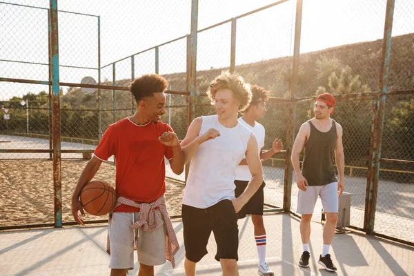 Portrait Joyful Young Guys Basket Player Walking Playground Outdoor Summer — Stok Foto