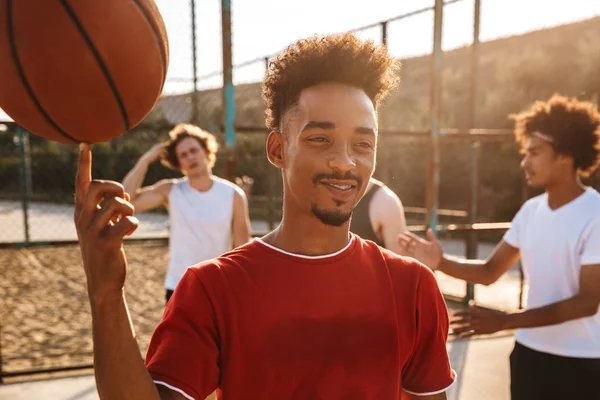 Portrait Young Sporty Men Playing Basketball Playground Outdoor American Guy — Stok Foto