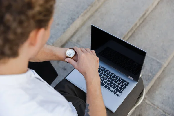 Cropped Image Curly Business Man Looking Wristwatch While Sitting Stairs — Stock Photo, Image