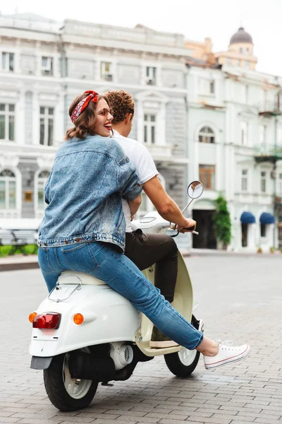 Back View Portrait Stylish Young Couple Riding Motorbike Together City — Stock Photo, Image