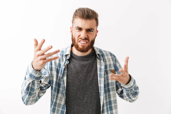 Retrato Joven Barbudo Enojado Parado Aislado Sobre Blanco —  Fotos de Stock