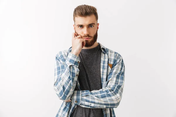 Portrait Serious Young Bearded Man Standing Isolated White Thinking — Stock Photo, Image