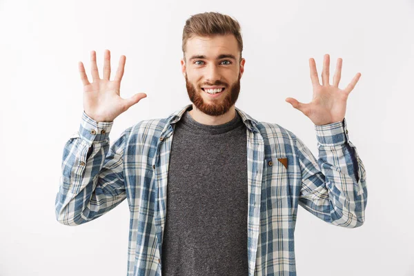 Retrato Joven Barbudo Feliz Parado Aislado Sobre Blanco Celebrando Éxito — Foto de Stock