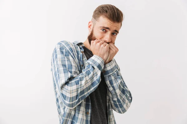 Portrait Frightened Young Bearded Man Standing Isolated White Covering Face — Stock Photo, Image