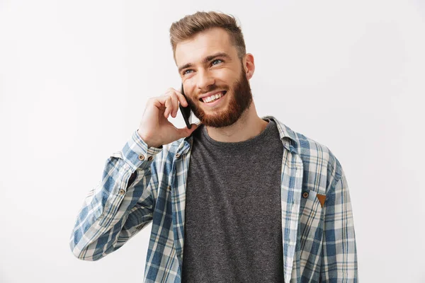 Retrato Joven Barbudo Feliz Parado Aislado Sobre Blanco Hablando Por —  Fotos de Stock