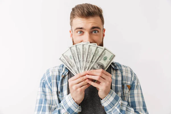 Retrato Jovem Barbudo Satisfeito Isolado Sobre Branco Mostrando Notas Dinheiro — Fotografia de Stock