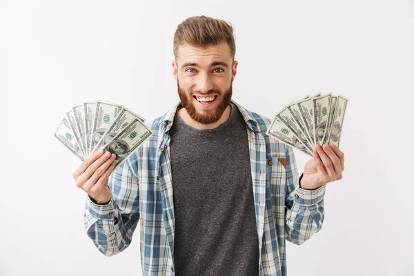 Retrato Joven Barbudo Feliz Parado Aislado Sobre Blanco Mostrando Billetes — Foto de Stock