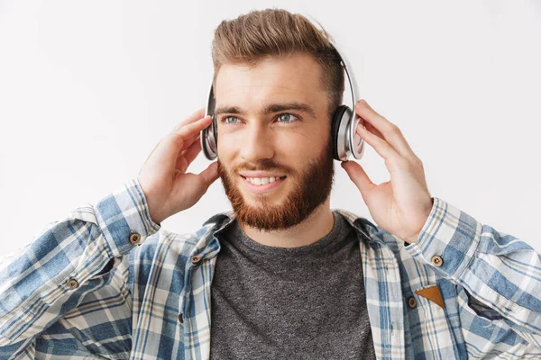 Pleased Bearded Man Shirt Headphones Listening Music While Looking Away — Stock Photo, Image