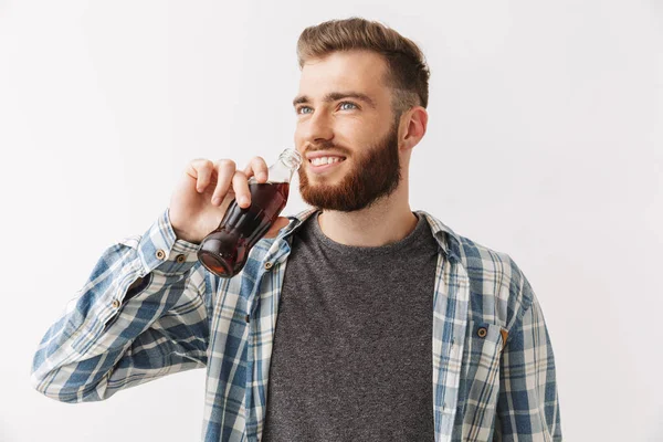 Picture Smiling Bearded Man Shirt Drinking Soda Looking Away Grey — Stock Photo, Image