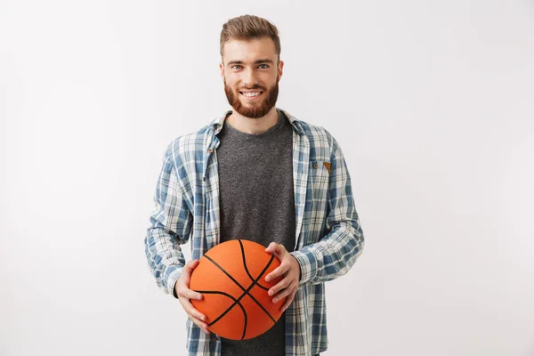 Smiling Bearded Man Shirt Holding Basketball Looking Camera Grey Background — Stock Photo, Image